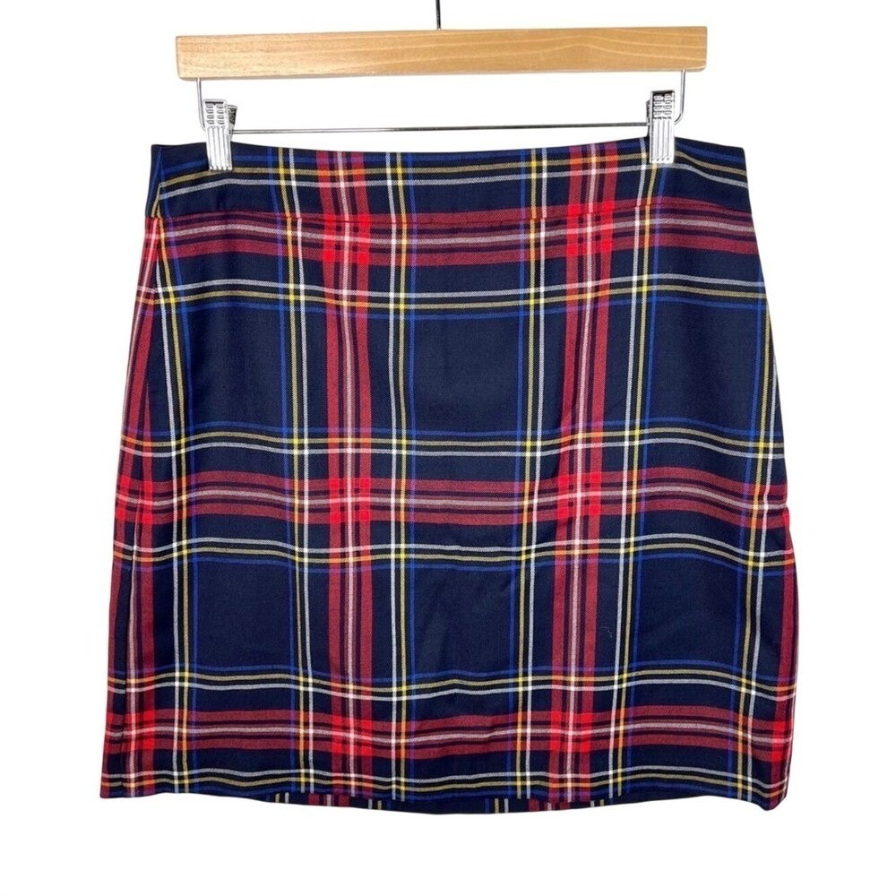 Talbots Plaid Skirt Women 14 Blue Tartan Wool Blend A-Line Mini - Picture 2 of 4